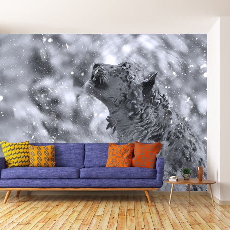 Customized Snow-Leopard Mural Stain Resistant Soft Color Wall Art for Bedroom