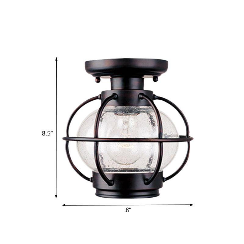Lantern Bubble Glass Semi Flush Rural 1 Head Outdoor Flush Mount in Coffee with Metal Cage