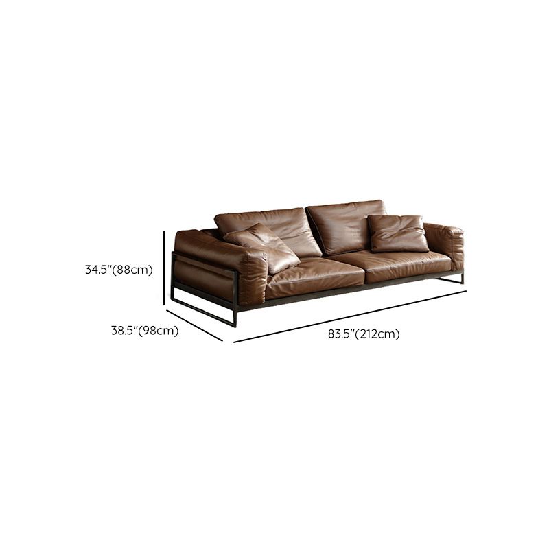 Square Arm Loose Back Sofa Mid Century Modern Genuine Leather Sofa in Brown