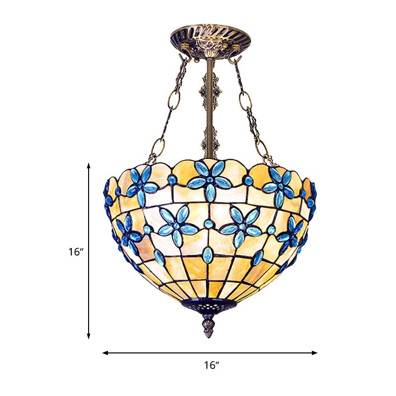 Bloem Semi Flush Light Tiffany Style Shell 12"/14"/16" Breed 3 Lichten Antiek Messing Plafondarmatuur