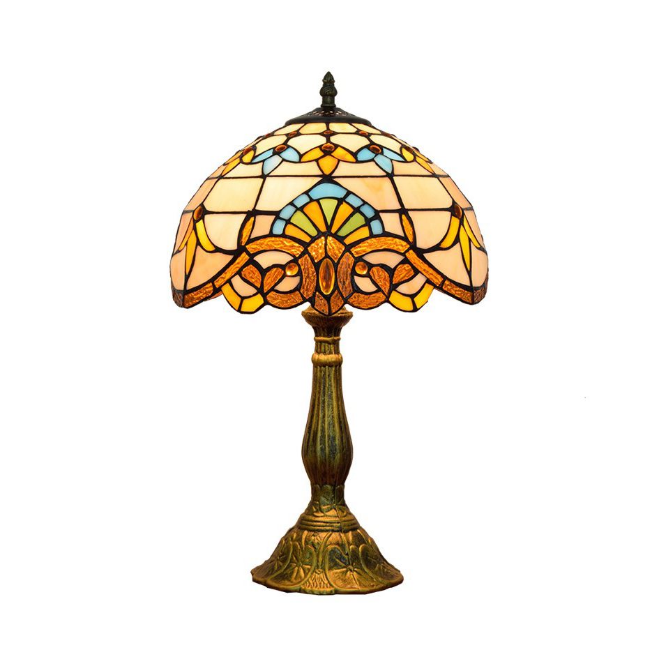 Lampada da scrivania vittoriana Tiffany con paralume bombato, lampada da lettura in vetro colorato con 1 testa in oro/marrone per camera da letto