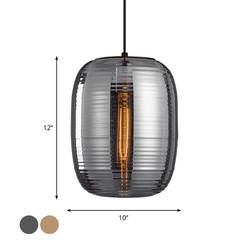 Amber/Smoke Cylinder Pendant Light Post-Modern 1 Light Ribbed Glass Hanging Light Fixture for Bedroom
