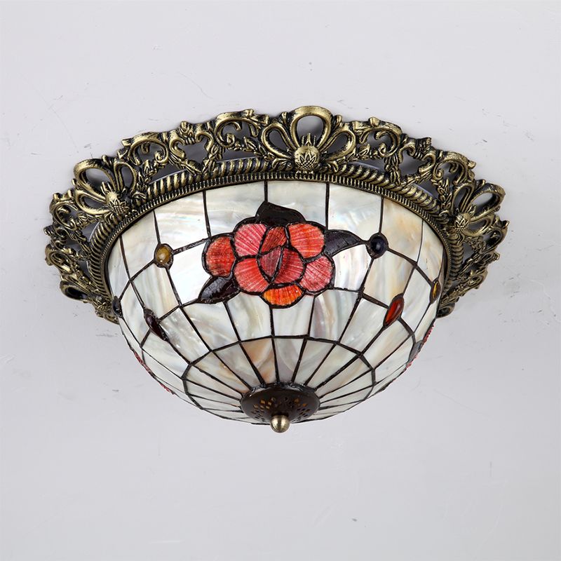 Gridded Hemispherical Ceiling Light 2-Bulb Natural Shell Baroque Flush Mount Lighting in Brass