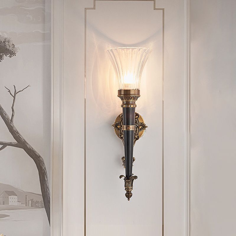 1 Light Wall Lighting Lodge Flared Prismatic Translucent Glass Wall Sconce Lamp in Brass with Pencil Arm