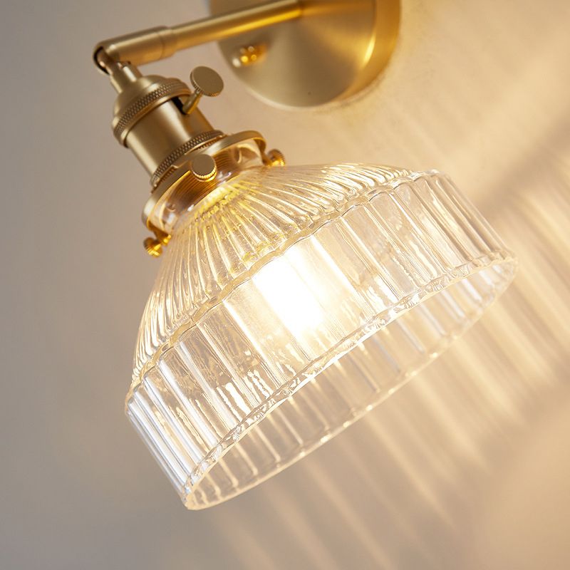 Industrial Wall Lamp Pressed Ribbed Glass Wall Light Sconce in Gold Finish for Bedroom