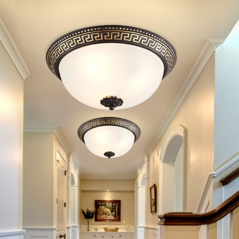 Dome Opaline Glass Ceiling Lighting Retro 2/3-Bulb Bedroom Flush Mount Light Fixture with Swastika Pattern in Black-Gold