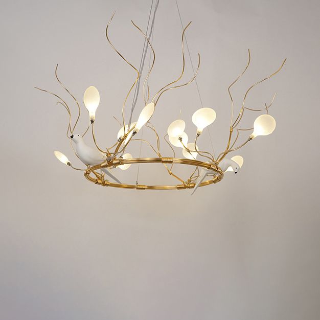Metal Ring Hanging Chandelier Light Lodge LED Gold Pendant Lamp with Acrylic Shade and Bird Accent, Warm/White Light
