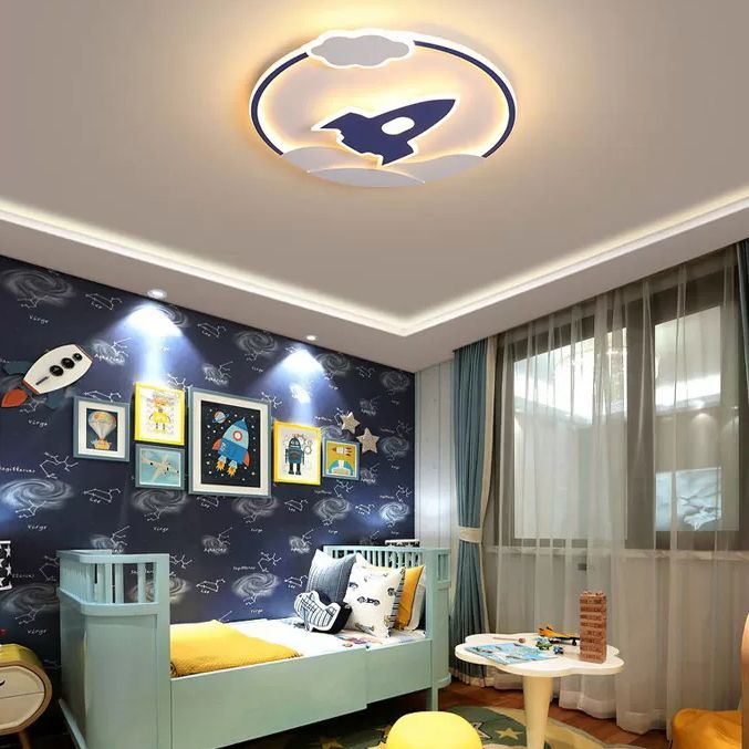 Modern Rocket Flush Mount Ceiling Light Fixture Metal LED Bedroom Flushmount Lighting in Blue