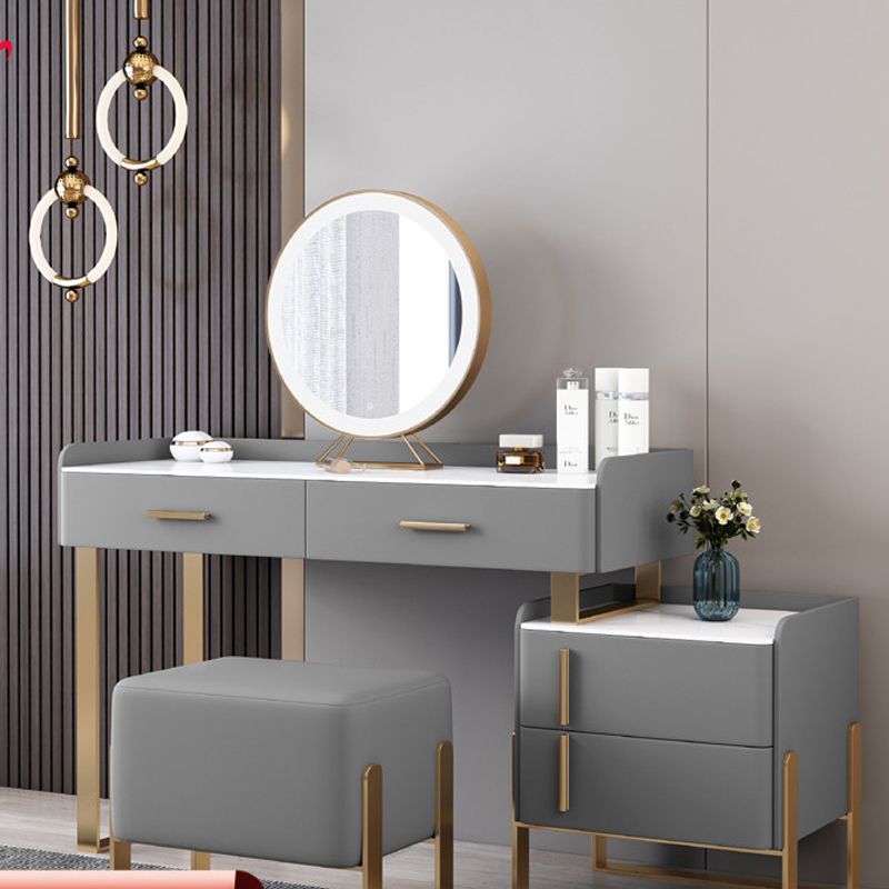 Stone Top Make-up Vanity Gray Solid Wood Vanity Dressing Table Set with 4 Drawers