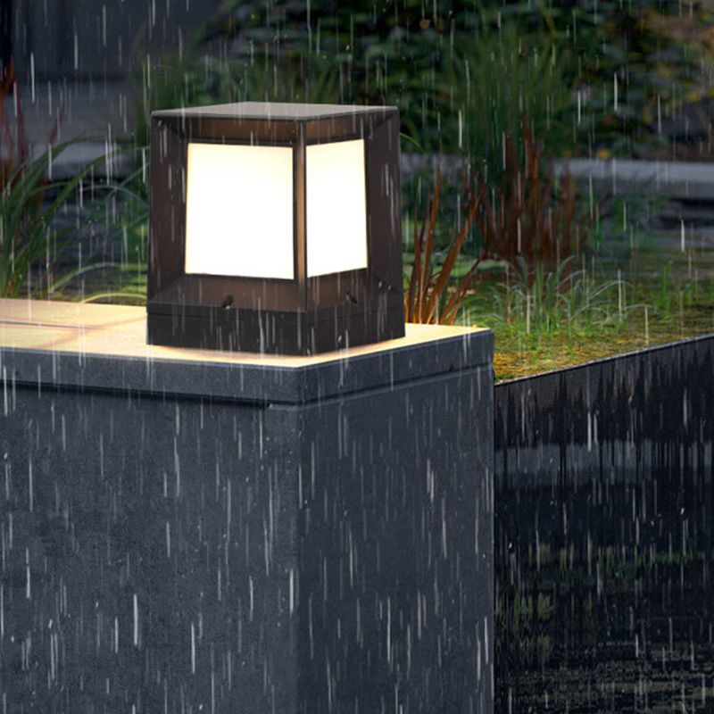 Contemporary Metal Pillar Lamp Rectangle Shape Outdoor Waterproof Light with Plastic Shade