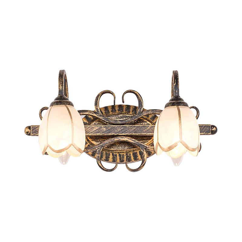 2/3 Lights Frosted Glass Vanity Light Fixture Traditional Antique Brass Flower Shape Bathroom Lighting Fixture