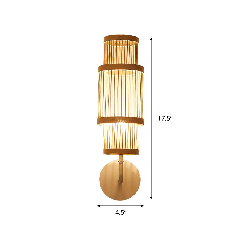 Cylinder Wall Lamp Fixture Asian Style Bamboo Single Bulb Wood Wall Lighting with Curved Arm for Restaurant