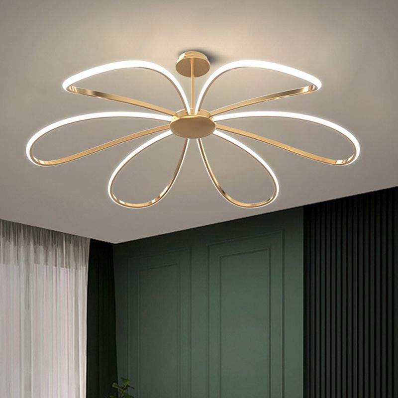 Flower Chandelier Light Fixture Simple Metal Living Room LED Hanging Light Kit in Gold