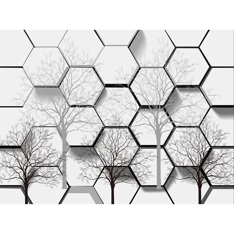 Creative Honeycomb Bare Tree Mural Black-White Moisture Resistant Wall Art for Home