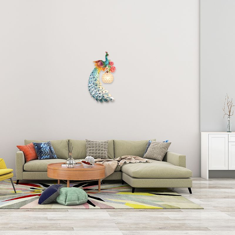 1/2-Pack Blue/Green Peacock Wall Light Fixture 8"/10" Wide 1 Head Retro Style Resin Wall Lamp with Crystal Global Shade, Left/Right