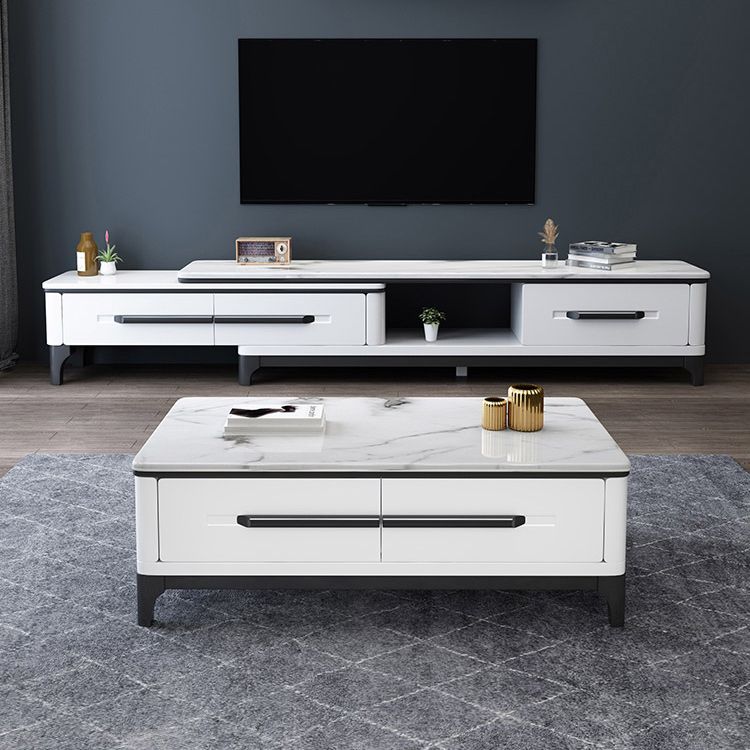 White Contemporary Rectangular Marble Coffee Cocktail Table with Storage