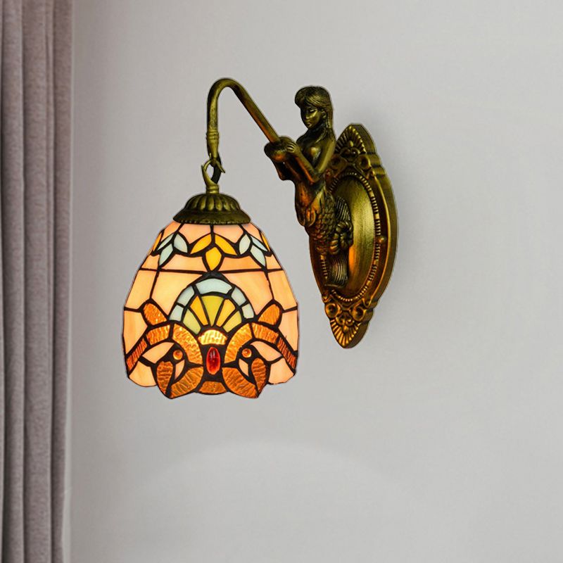 Brass Dome Sconce Light Tiffany 1 Head Multicolor Stained Glass Wall Mounted Light