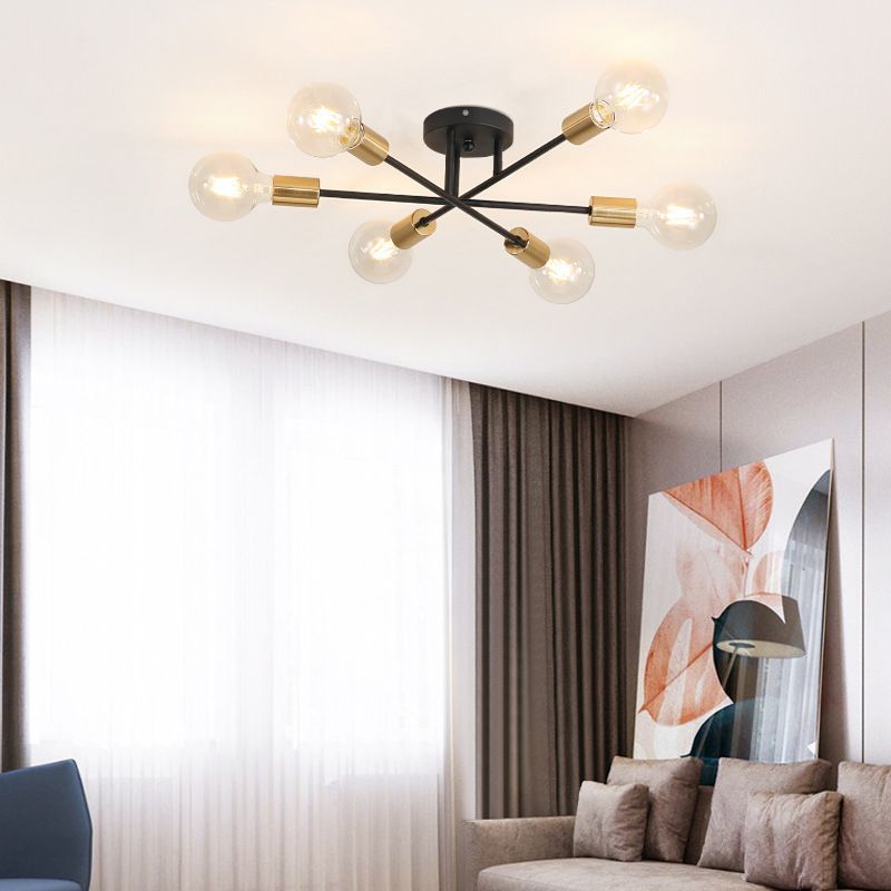 27.5 Inches Wide Bare Bulb Ceiling Lighting Fixture 6-Lights Industrial Style Simplicity Metal Semi Flush Mount Lamp