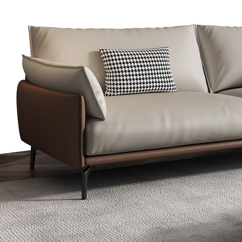 Pillow Top Arm Sofa Modern Leather Sofa in Brown with Metal Legs