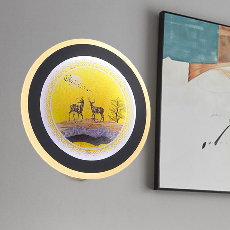 Blue/Yellow Rounded Wall Mounted Lighting Nordic Style LED Acrylic Wall Mural Light with Elk Deer Design