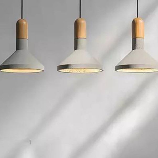Tapered Cement Hanging Light Nordic Style 1 Light  Restaurant Ceiling Pendant Lamp  with Wooden Top