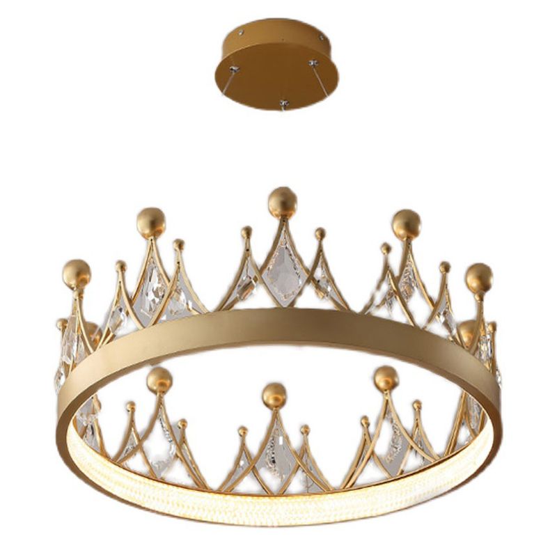 Gold Finish Crown Shaped Chandelier Minimalist Crystal LED Hanging Lamp for Bedroom