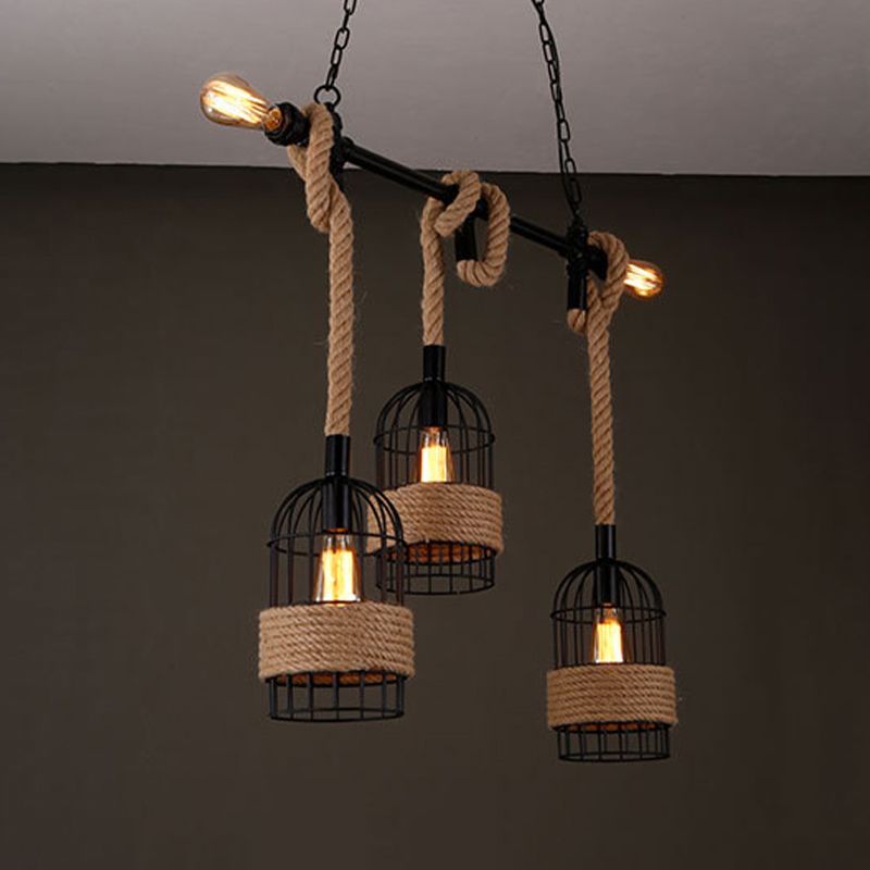 3 - Light Industrial Kitchen Island Lighting Metal & Hemp Rope Ceiling Fixture in Black