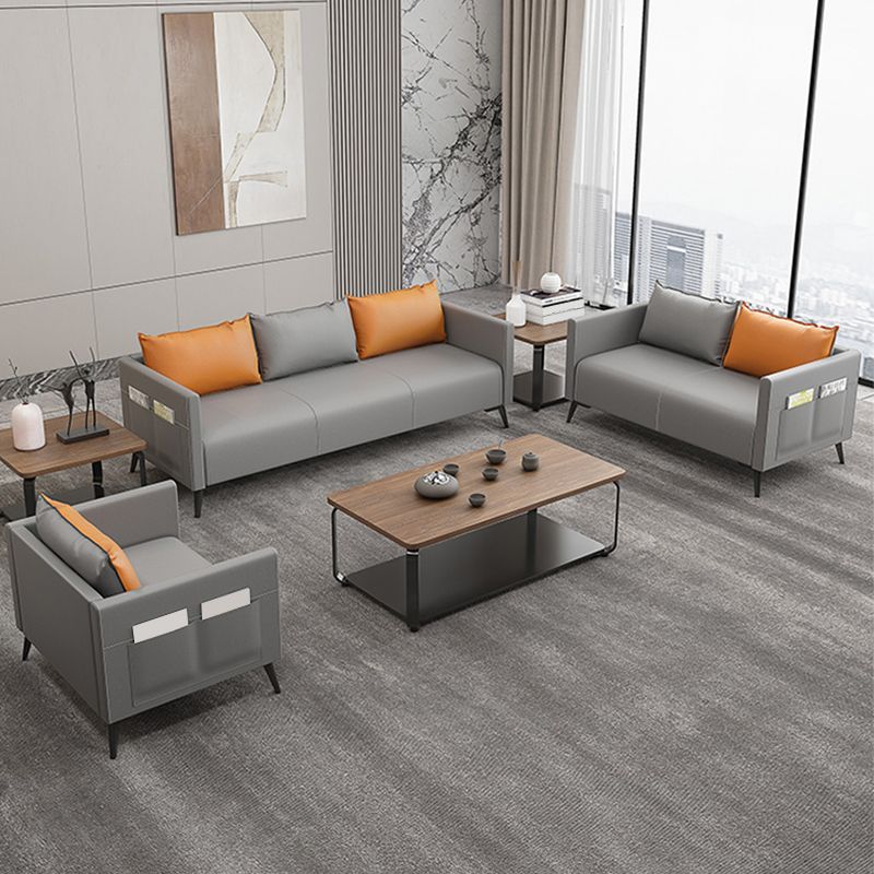 Leather Grey Sofa Stationary Square Arm Seating for Living Room