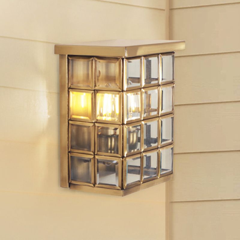 Colonial Grid Flush Wall Sconce 2-Light Clear Glass Outdoor Wall Mount Light in Gold