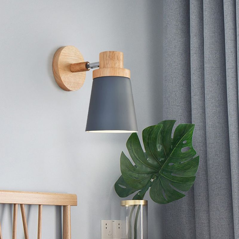 Barrel Wall Lamp Sconce Minimalist Metal 1-Head Living Room Wall Light Fixture with Wood Backplate