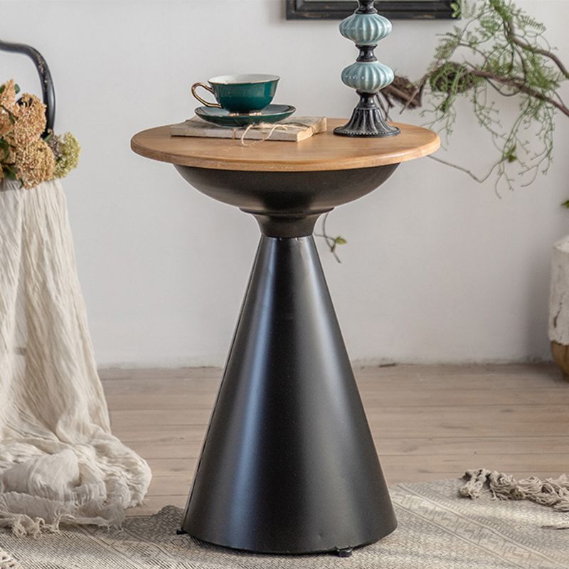 Round Solid Wood Top Coffee Table Iron Pedestal Cocktail Table