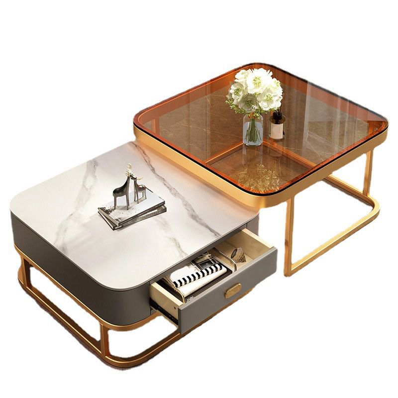 Glam Square Glass / Slate Coffee Table Metal Frame Cocktail Table with Drawer