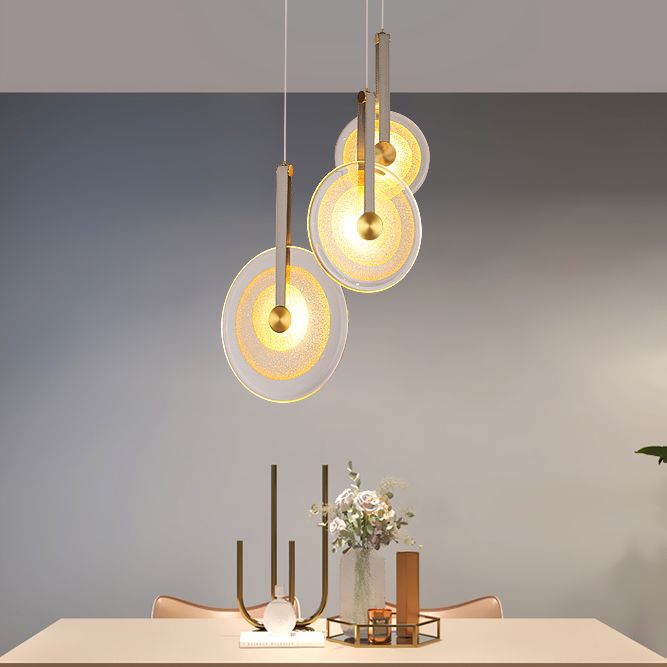 Messing schijf suspensie licht postmoderne getextureerde glazen led-droplamp met lederen band