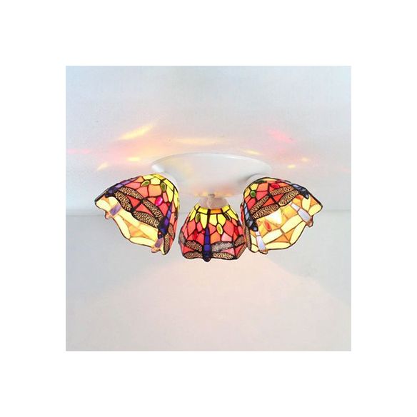 3 Heads Dome Flush Mount Ceiling Light Tiffany Stained Glass Flushmount Light in Beige/Orange for Bedroom