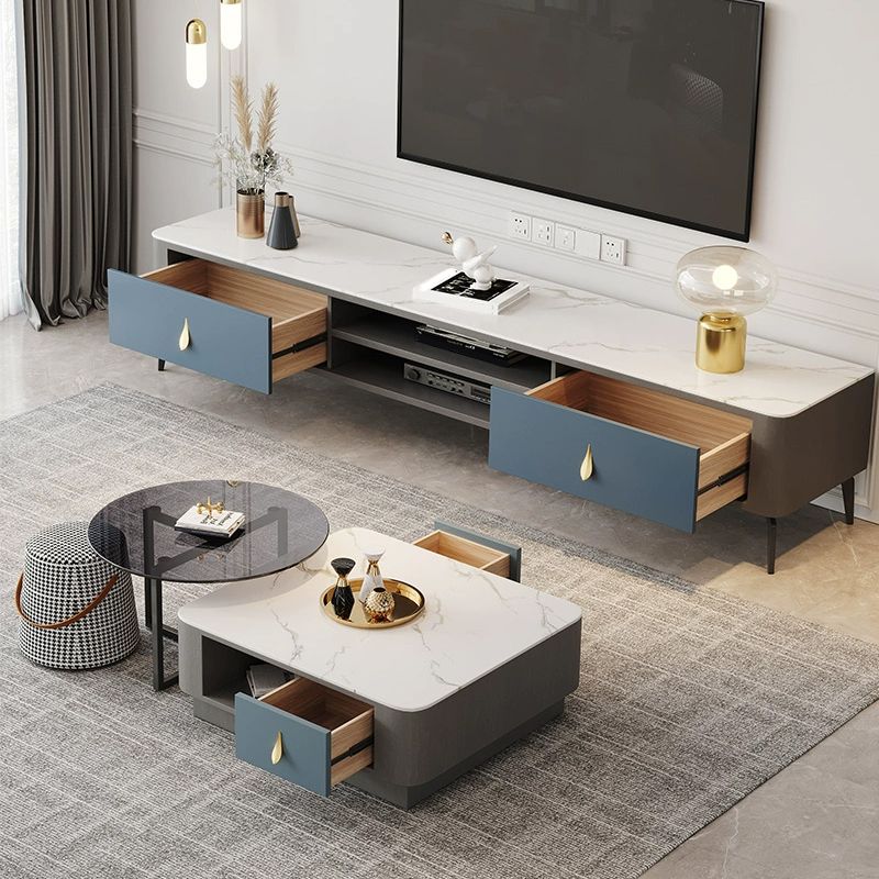 Contemporary Stone TV Stand Console with Shelf for Living Room