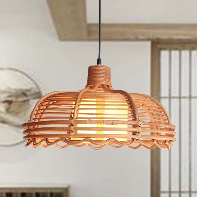 Shallow Bowl Bamboo Braided Drop Lamp Chinese Style 1 Head Beige Ceiling Pendant with Cylinder Shade Inside