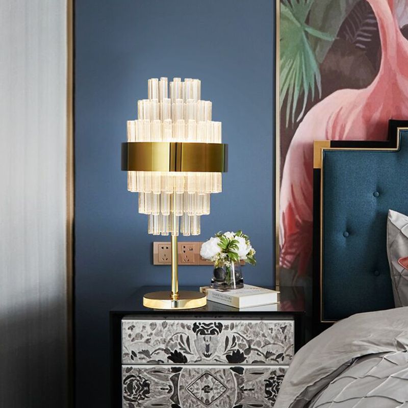 LED Bedside Table Lamp Modern Gold Task Lighting with Tiered Hand-Cut Crystal Shade