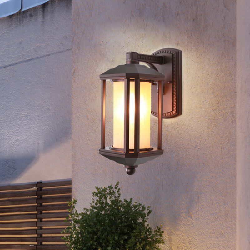 Dark Coffee Cylinder Wall Light Sconce Country Frosted Glass 1 Head Outdoor Wall Lighting Ideas with Frame