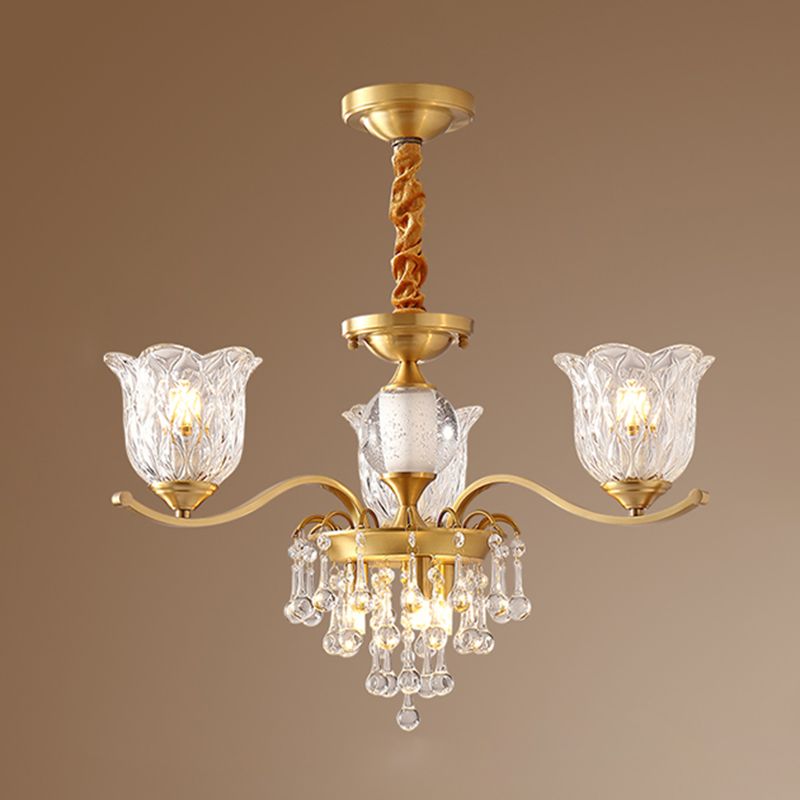 European Style Chandelier Brass Flower Shape Hanging Light with Crystal for Bedroom