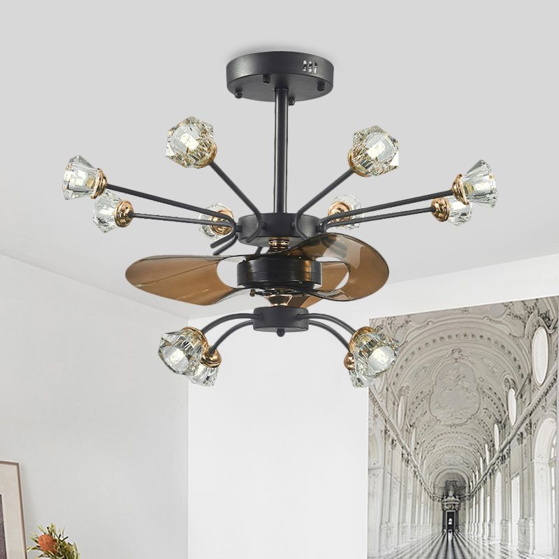 Traditional Swirled Arms Semi-Flush Mount 12 Heads Crystal Floral Shade 3 Blades Hanging Fan Lamp in Black, 30" Wide