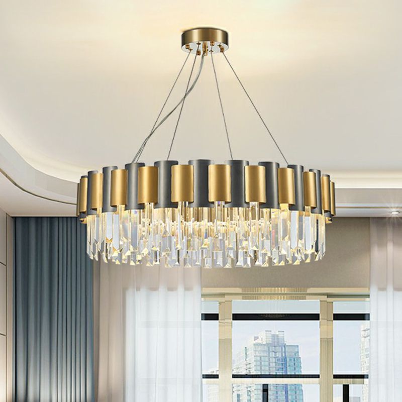 Circular Crystal Prism Hanging Lamp Simplicity Gold and Black Chandelier Pendant Light
