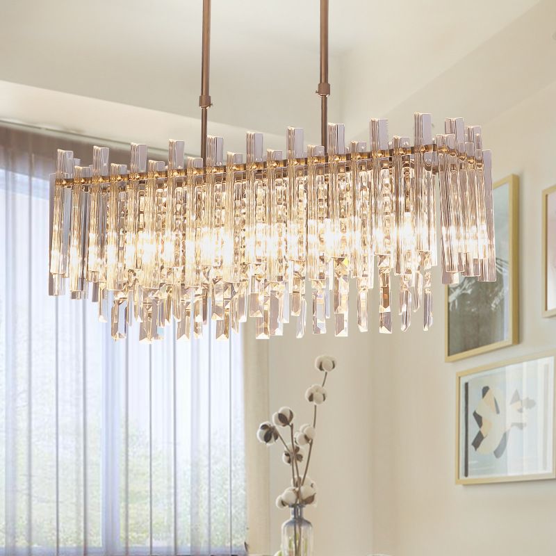 Rectangular Hanging Light Fixture Modern Crystal Block 5 Lights Chrome Chandelier Light for Dining Room