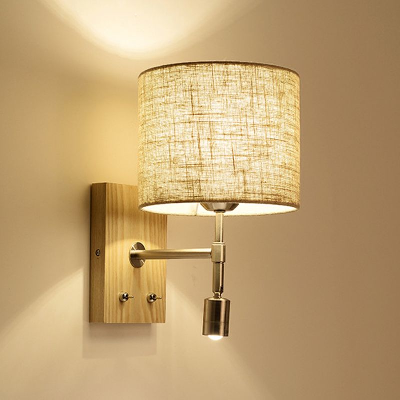 Cylinder Fabric Shade Bedside Reading Wall Light 2-Lights Wooden Simplicity Wall Sconce