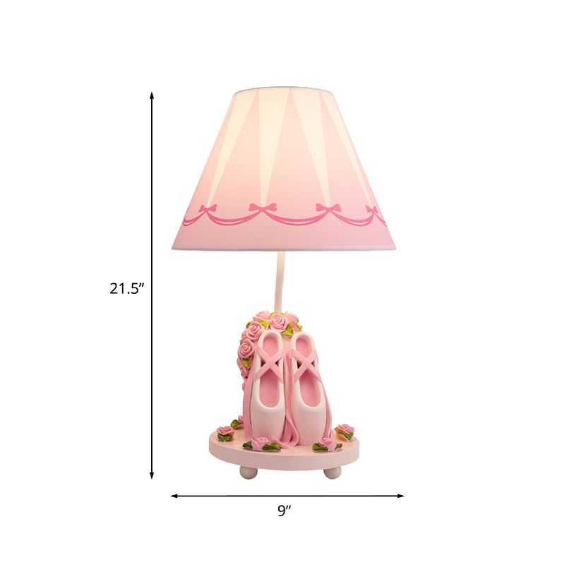 Ballet Shoes Girl's Bedside Night Lamp Resin 1 Head Kids Style Table Light with Cone Shade in Pink