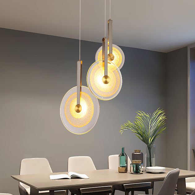 Messing schijf suspensie licht postmoderne getextureerde glazen led-droplamp met lederen band