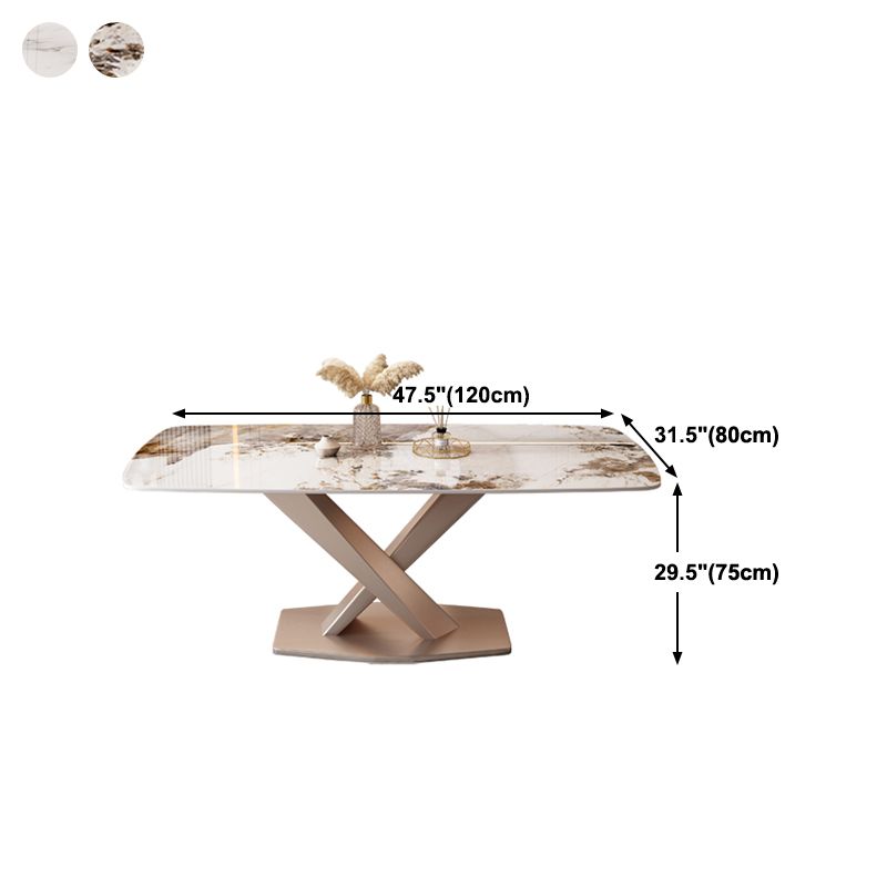 Mesa de comedor rectangular de estilo moderno de metal, mesa superior de piedra sinterizada para comedor