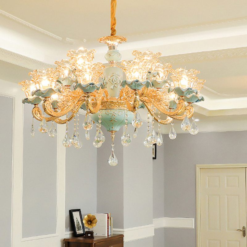 Ruffle Glass Flower Chandelier Pendant Light Vintage Living Room Hanging Light with Hanging Crystal in Blue