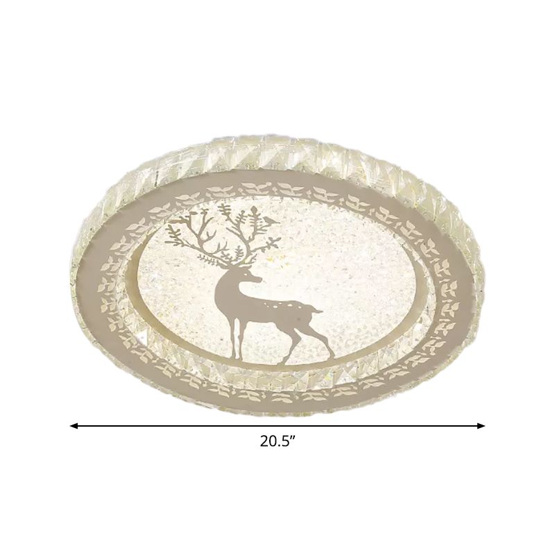 Modern Round Flush Light Fixture Clear Crystal Block LED Bedroom Ceiling Lighting in Warm/White Light with Deer Pattern
