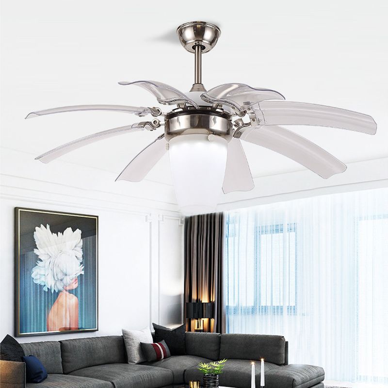 48 "W LED Semi Flushmount Cono contemporáneo Class Opal Glass 8 cuchillas Ventilador de techo en plata para dormitorio