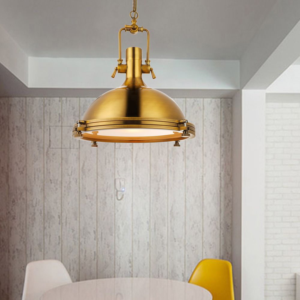 Antique Brass/Brass/Copper Finish 1 Light Pendant Lighting Industrial Metal Domed Ceiling Fixture with Frosted Diffuser